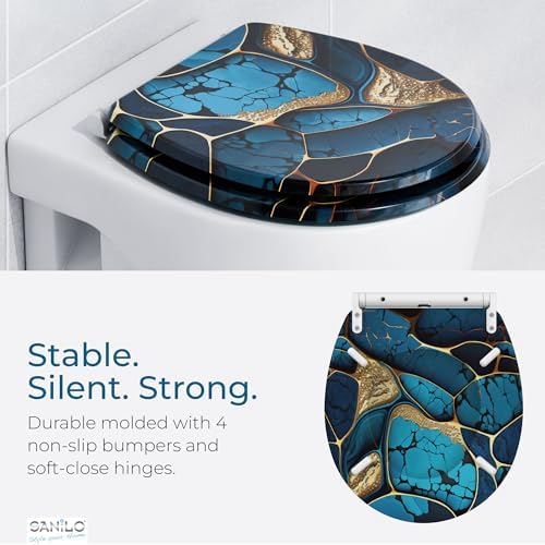 Sanilo Wooden Toilet Seat with Quick Release & Soft Close [ROUND] - Decorative & Slow Close Molded Wood Seat - With One Click for Easy Installation & Cleaning - With Adjustable Fit (Marble Cobalt)