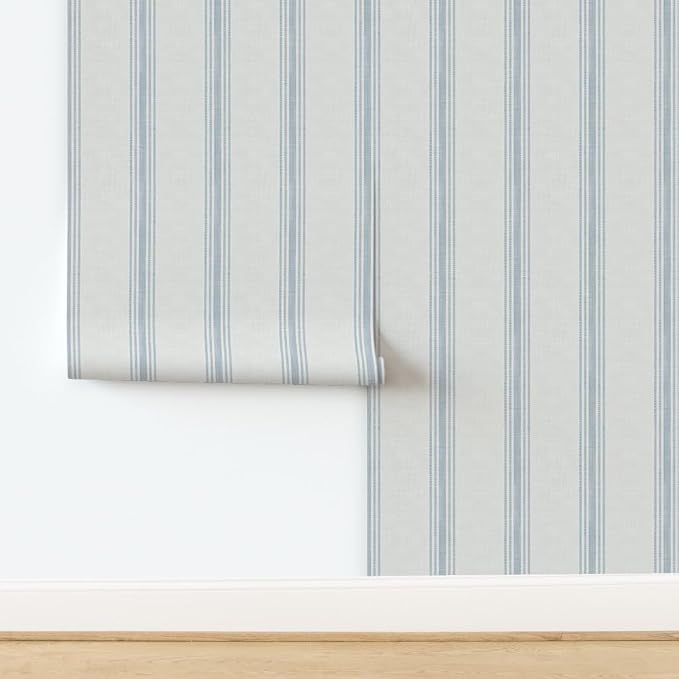 Spoonflower Blue Ticking Stripe Peel and Stick Wallpaper | Roll 24" x 36" | Neutral Cottage Simple Traditional | Self-adhesive, removable and renter-friendly