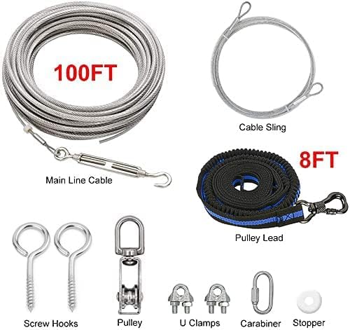 XiaZ Dog Tie Out Cable, 100ft Dog Trolley Runner Cable for Dogs up to 250lbs, Pet Lead for Yard, Camping, Outdoor, with 8 Ft Nylon Bungee Runner, Cable Sling to Protect Trees