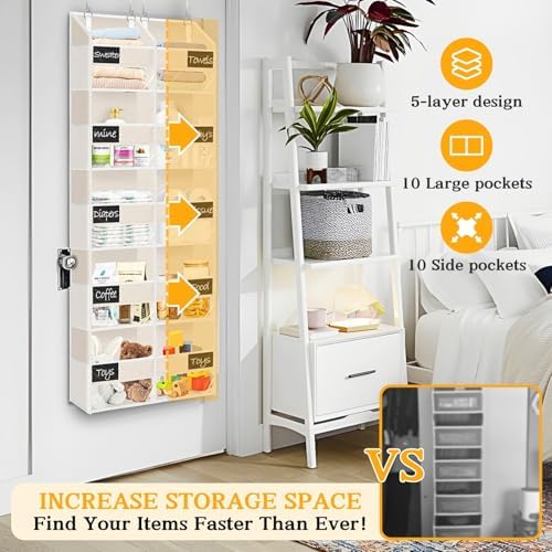 Ofiray-home Over the Door Organizer, 5-Tier Extra Large Storage with 10 Pockets and PVC Label Pouches, 80 lbs Capacity Hanging Closet Organizer, Beige