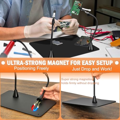 Soldering Helping Hands 12X Magnifying Glass with light and Stand PCB Holder, Drdefi Soldering Station Third Hand Tools Magnifier with Thickening Alligator Clip Large Magnetic Base for Repairing