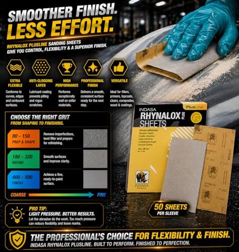 Indasa 50 PCS 9x11 Sandpaper Rhynalox Plusline - 60 Grit Dry Sanding Sheets, Professional-Grade Abrasive for Wood, Metal, Automotive, and Paint Finishing - Durable, Clog-Resistant Sand Paper
