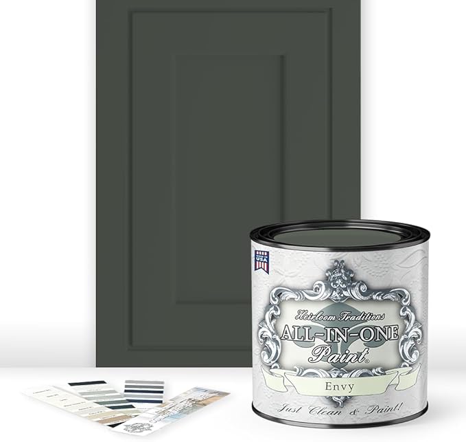 ALL-IN-ONE Paint by Heirloom Traditions, Envy (Slate Green), Quart - Durable cabinet and furniture paint. Built in primer and top coat, no sanding needed. Includes our 30 featured color card.