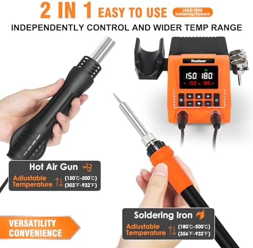 TOOLOUR 2-IN-1 851D Soldering Station, Iron Kit, 302°F-932°F Fast Heating, Hot Air Rework Desoldering Kits includes 9 Accessories, Dual Channel Control, 90-Level Airflow,ESD Save for SMD, PCB, DIY