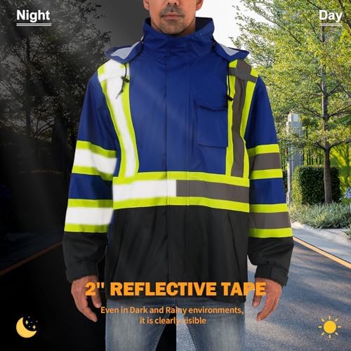 Reflective Rain jackets for men waterproof,Hi Vis Safety Coat With Reflective Strips，High Visibility Class 3 Rain jackets With 2 large pockets,Zipper,Blue,SM/MD