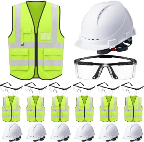 Mumufy 18 Pcs Suspension Hard Hats with Safety Vests and Goggles Bulk, Safety Helmets Vented Cap Helmet High Visibility Vest Mesh Reflective Anti Fog Goggles Adjustable Temples for Construction Work