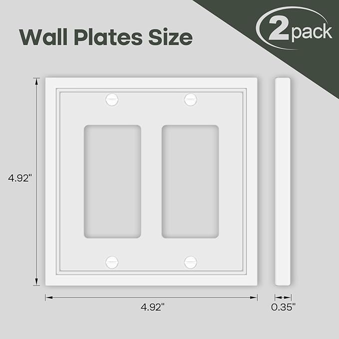 Double Decorator Switch Cover Plate White Classic Decorative Decorator Switch Plates Cover 2 Gang Rocker Wall Plate Cover for Duplex Toggle, 2 Pack
