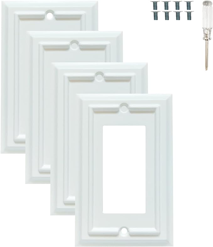 Wall Plates, Duplex Outlet Covers, Toggle Switch Plates, Decorator Light Switch Cover, Bamboo Fiber Material Wall Plate, Standard Size Wall Plates of various styles, White (1 Gang Decorator 4 Pack)