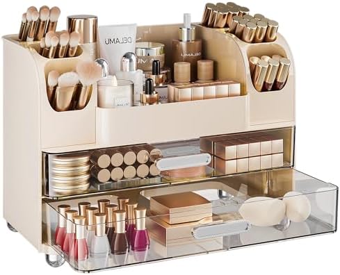 Delamu Large Makeup Organizer Countertop with 6 Brush Holders, Cream White