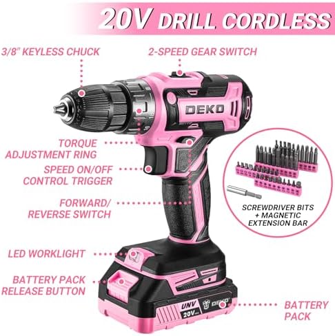 Pink Power Drill Tool Kit Set: 20V Cordless Electric Drill, Driver, Tool Box with Battery