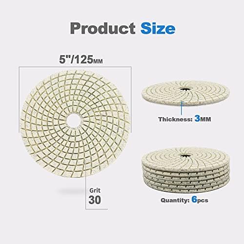 Wet Diamond Polishing Pads - HIGHDRIL 6pcs 5 inch #30,for Granite Marble Ceramic Artificial Stone Sanding Used on Grinder or Polisher