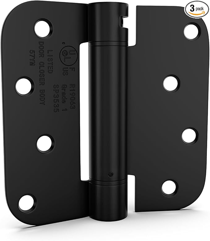 goldenwarm 3 Pack Black Self Closing Door Hinges with 5/8'' Radius Corners - Adjustable Tension Soft Close Hinges for Interior/Exterior Doors, Heavy Duty 4 Inch Hinges with Durable & Quiet Closure