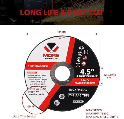 Cut Off Wheels 4-1/2 Inch, 100 Pack Cutting Discs, 4.5" x 0.047" x 7/8" for Angle Grinder, Metal & Stainless Steel Fast Cutting