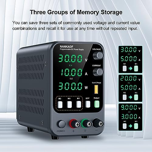 DC Power Supply, 30V 10A Bench Power Supply with Memory Storage & Recall，Variable Power Suppy with Encoder Adjustment Knob, 5V/3.6A USB Quick-Charge & OCP Short Circuit Alarm