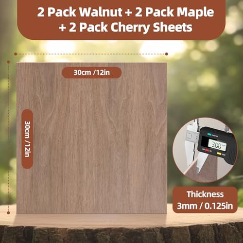 Rowood Plywood Sheets for Laser Cutting, 2 Pack Walnut+Double Pack Maple Sheets+2 Pack Cherry,12x12x1/8inch,3mm Thin Unfinished Wood Crafts for Laser Engraving Blanks,DIY Ornaments Architectural Model