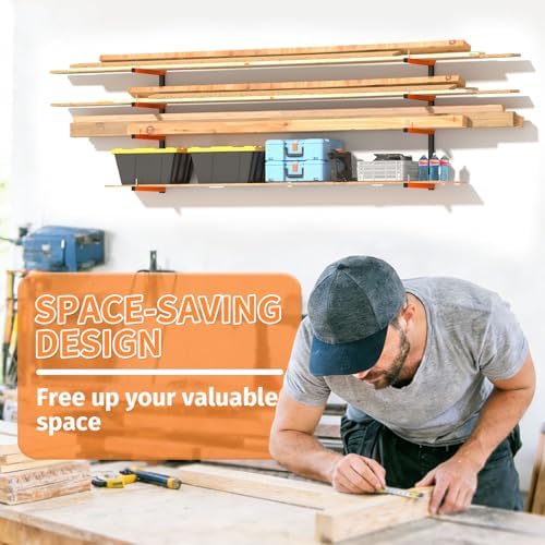 2 Pack Lumber Storage Rack, Wall Mount Foldable & Adjustable Lumber Rack with 4-Level Holds Up 520 Lbs, Heavy Duty Metal Garage Wood Rack for Workshop, Basement, Indoor and Outdoor