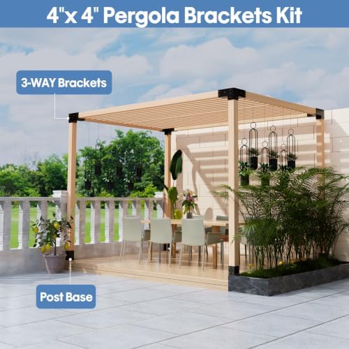 Pergola Kit, Heavy Duty 3-Way Pergola Brackets for 4"x 4" (Actual 3.5" X 3.5") Lumber,DIY Rust-Proof Gazebo Bracket Kit with Right Angle Corner Bracket, Gazebo Hardware Kits for Patio Backyard Outdoor