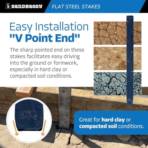 Sandbaggy 18" Flat Steel Stakes for Concrete Forms with Nail Holes - 1.5" Wide - Painted - Removable, Reusable, V Point End - Construction Grade Stakes (10, 18 inch)