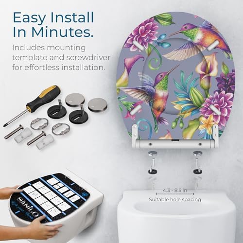 Sanilo Wooden Toilet Seat with Quick Release & Soft Close [ROUND] - Decorative & Slow Close Molded Wood Seat - With One Click for Easy Installation & Cleaning - With Adjustable Fit (Hummingbird)