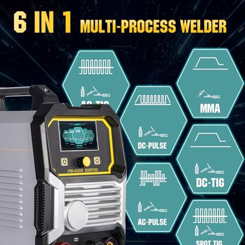 205Amp AC/DC Aluminum TIG Welder, 6-in-1 Multiprocess Welding Machine, AC TIG/DC TIG/AC Pulse/DC Pulse/MMA/STICK/SPOT TIG,110V/220V Dual Voltage, Square/Triangular Wave ACDC Welder Machine
