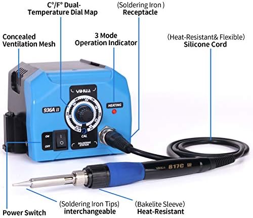 YIHUA 936A II Soldering Iron Station Kit, 65W with Intelligent Working Light. Easily Adjustable from 392℉～896℉. With Plug-in Iron Handle, a Solder Iron Stand, Solder Wire & 5 extra Solder Tips.