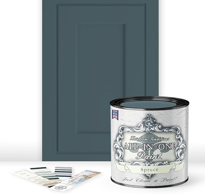 ALL-IN-ONE Paint by Heirloom Traditions, Spruce (Muted Blue Green), Quart - Durable cabinet and furniture paint. Built in primer and top coat, no sanding needed. Includes our 30 featured color card.