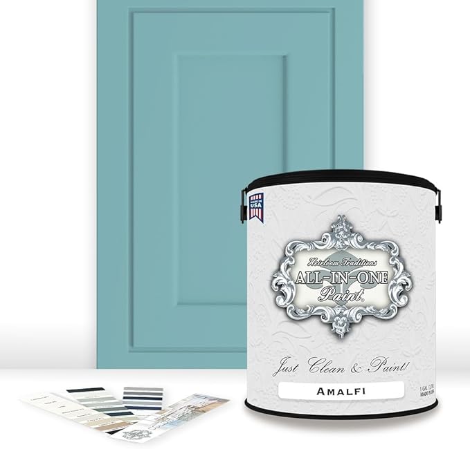 ALL-IN-ONE Paint by Heirloom Traditions, Amalfi (Agua Blue), Gallon - Durable cabinet and furniture paint. Built in primer and top coat, no sanding needed. Includes our 30 featured color card.