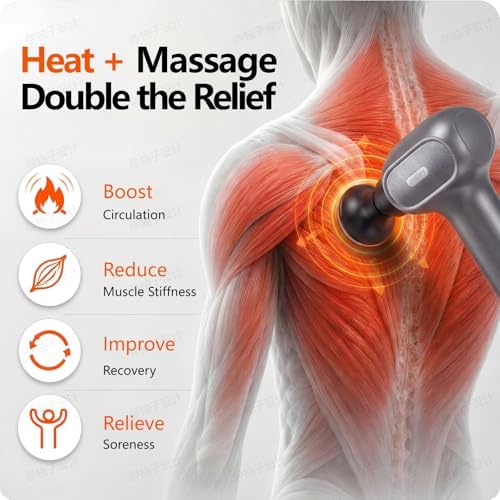 AxBerry Massage Gun, Deep Tissue Percussion Massager with Heat & Detachable Extension Handle, Handheld Muscle Massager for Back, Neck & Shoulders Pain, Portable Massage Gun, Muscle Gun