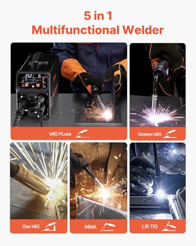 VEVOR Pro MIG Welder, 200A Pluse Mig Welding Machine, 5-in-1 Multi-Functional Welder Machine MIG Pluse/Gas MIG/Flux Core MIG/Stick/Lift TIG, 110V/220V Dual Voltage Aluminum Mig Welder with LCD Display