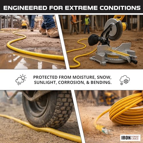 Iron Forge Cable 100ft Outdoor Extension Cord, Lighted with 3 Electrical Power Outlets - 12/3 Gauge SJTW Heavy Duty Extension Cable, Yellow, 15 AMP - 3 Pronged with Grounded Plug for Improved Safety