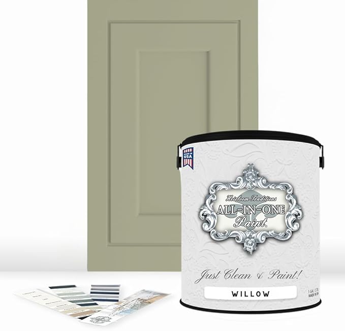 ALL-IN-ONE Paint by Heirloom Traditions, Willow (Soft Sage), Gallon - Durable cabinet and furniture paint. Built in primer and top coat, no sanding needed. Includes our 30 featured color card.