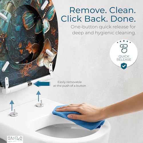Sanilo Wooden Toilet Seat with Quick Release & Soft Close [ROUND] - Decorative & Slow Close Molded Wood Seat - With One Click for Easy Installation & Cleaning - With Adjustable Fit (Mariposa)