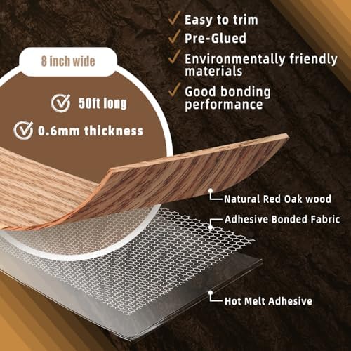 GSCIT Club Red Oak Wood Veneer, 8 inch x 50ft Wood Edge Banding Preglued Flexible, Veneer Tape Banding for Cabinet Repair Furniture