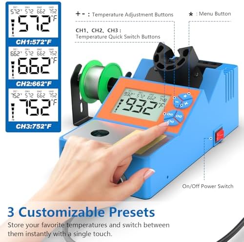 Soldering Station, 140W Digital Display Soldering Iron Station Kit with 2 Helping Hands, 356°F-932°F, Auto Sleep, °C/°F Conversion, Solder Wire, 5 Tips, Solder Sucker, Tweezers, Tip Cleaner, Blue