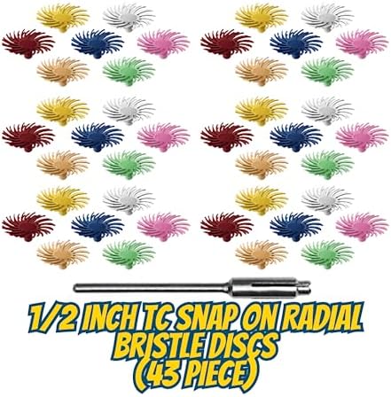 Dedeco Sunburst - 1/2 Inch TC Snap On Radial Bristle Discs - Precision Thermoplastic Rotary Cleaning and Polishing Tool Set, Assorted: 6 of Each 7 Grit Textures Plus 5431 Mandrel (43 Piece)