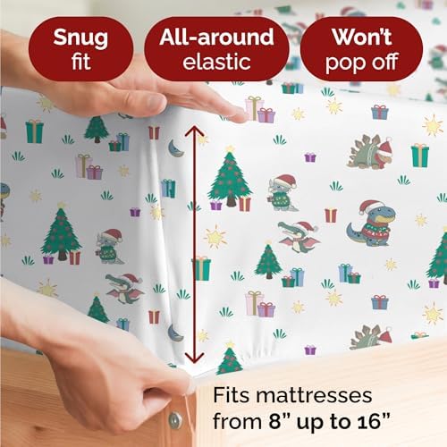 Christmas Sheet Set, Christmas Dinos, Holiday Xmas Bedding Set - Queen Size