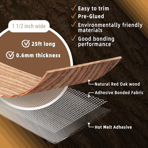 GSCIT Club Red Oak Edge Banding, 1 1/2 inch x 25ft roll of Veneer Edge Banding Pre-glued Flexible, Wood Tape Banding for Cabinet Repair Furniture
