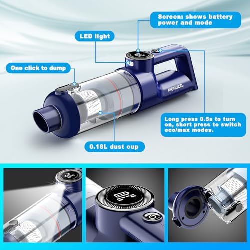 MONOZEL Handheld Vacuum Cordless - Car Vacuum Cleaner with Brushless Motor, 15kPa Powerful Suction Vacuum with LED Light, Type C Port, 2 Fliters, Portable Hand Vacuum for Home, Pet and Car