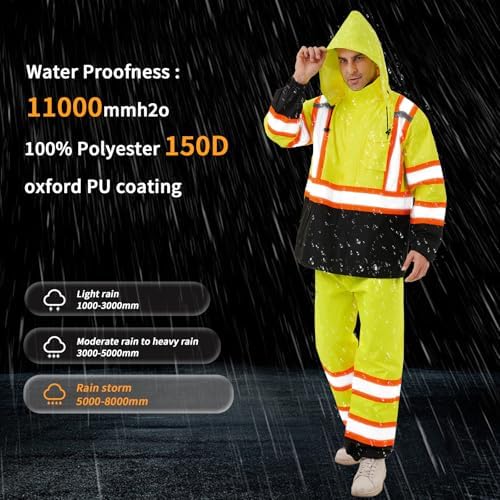 Hi Vis Safety rain Jacket，Reflective Class 3 Rain coat with Inner Mesh Lining and Pockets High Visibility Waterproof work Rain Suits for men&women（Yellow,2XL/3XL）