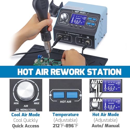 WEP 992D+ 2-in-1 Soldering Iron Kit and Hot Air Rework Station with 3 Preset Channels, LCD Display, Interchangeable Handles, Sleep Mode, X-2 Iron Holder, 5 Iron Tips, Desoldering Pump and Tweezers