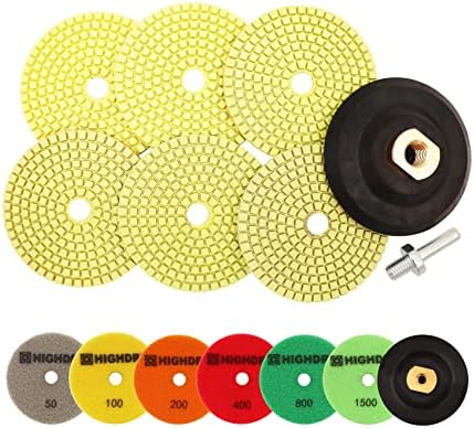 Wet Diamond Polishing Pads - HIGHDRIL 6pcs 4 inch (#50-#1500),for Granite Marble Ceramic Sanding on Grinder or Polisher,with 1pc 4" Rubber Backing Pad and 1pc Adapter Round Shank to 5/8-11 Thread