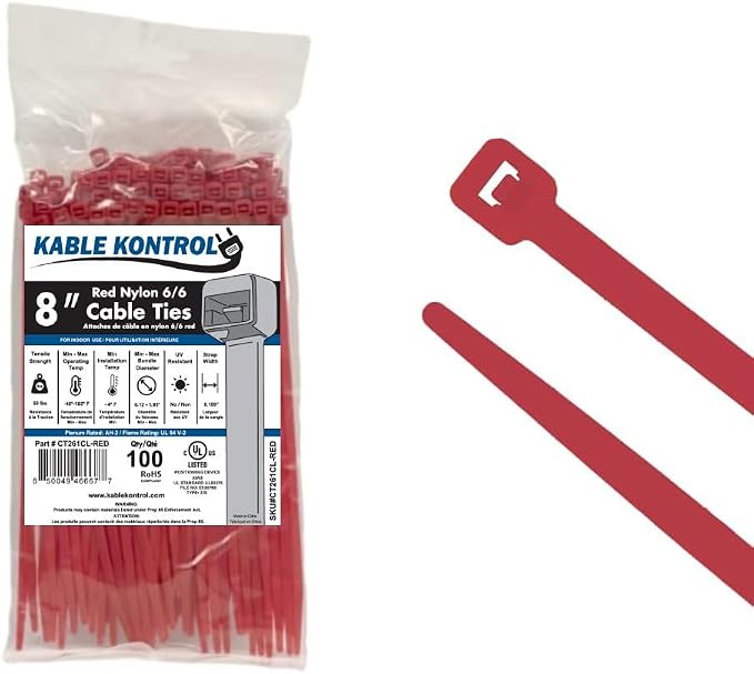 Kable Kontrol Red Zip Ties 8 Inch 100 Pcs, 50 Lbs Tensile Strength, Self-locking Nylon Colored Cable Ties Wire Wraps for Indoor or Outdoor Use