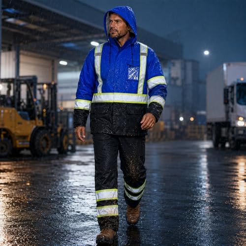 Rain Suits for Men Waterproof Reflective High Visibility Rain Gear Mens Heavy Duty, Hi Vis Rain Jacket & Pants with Black Bottom Class 3 ANSI/ISEA Compliant, Blue L/XL