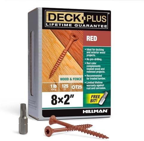 Deck Plus 2 Inch Epoxy Coated Exterior Wood and Fence Screws #8 x 2 Torx/Star Drive Included Coarse Thread, Outdoor Rust Resistant Decking Screw, Red, 1lb Box, 147 Pieces | 48427