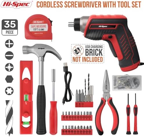 Hi-Spec 3.6V USB Electric Screwdriver for Home Repairs and Assembly, Red