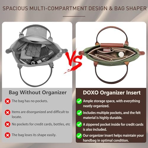 Doxo Purse Organizer Insert for Longchamp Le Pliage Tote, Large Bag Organizer with YKK Zipper Pocket & Cup Holder, Handbag Shaper for Women, Fits Original/Green/Energy L Tote, Black-WL