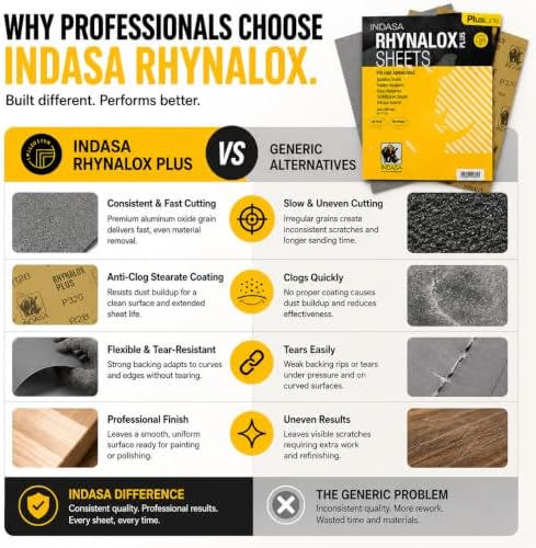 Indasa 50 PCS 9x11 Sandpaper - Dry Sanding Sheets, 40 Grit, Rhynalox Plusline Professional-Grade Abrasive for Wood, Metal, Automotive, and Paint Finishing - Durable, Clog-Resistant Sand Paper