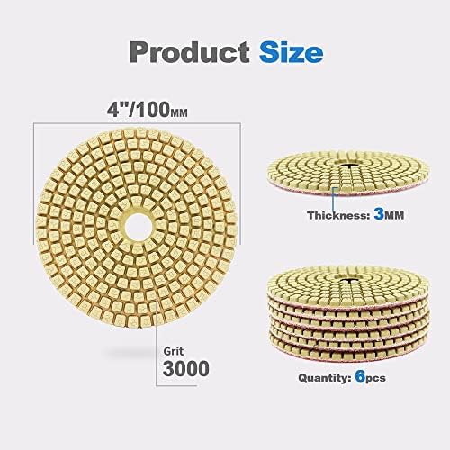 Wet Diamond Polishing Pads - HIGHDRIL 6pcs 4 inch #3000,for Granite Marble Ceramic Artificial Stone Sanding Used on Grinder or Polisher
