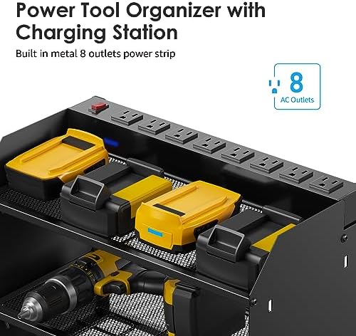CCCEI Modular Power Tool Organizer Wall Mount Charging Station, Black 6 Drills Holder with 8 Plug Power Strip 10FT, Garage Drill Battery Heavy Duty Metal Shelf, Utility Rack with Hooks, Side Storage.