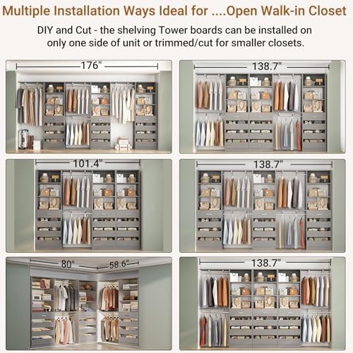 Aheaplus Closet System, 138.5" Closet Organizer with 12 Drawers & 4 Rods
